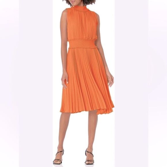 Nanette Lepore Smocked High Neck Pleated Dress in Vivid Coral.Size 12 - Picture 2 of 15